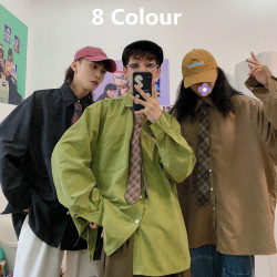 C2自製/春秋港風復古長袖襯衣情侶寬鬆oversize韓版內搭休閒襯衫