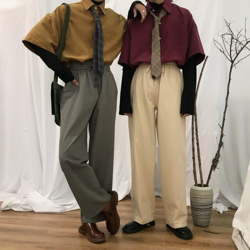 C2自製/春秋港風復古長袖襯衣情侶寬鬆oversize韓版內搭休閒襯衫