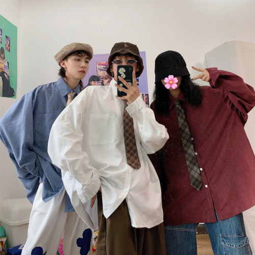 C2自製/春秋港風復古長袖襯衣情侶寬鬆oversize韓版內搭休閒襯衫