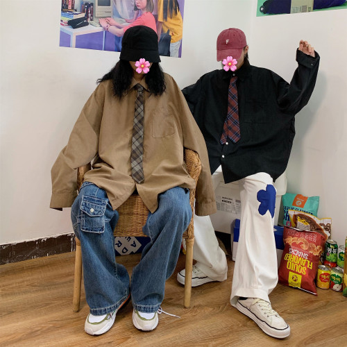 C2自製/春秋港風復古長袖襯衣情侶寬鬆oversize韓版內搭休閒襯衫