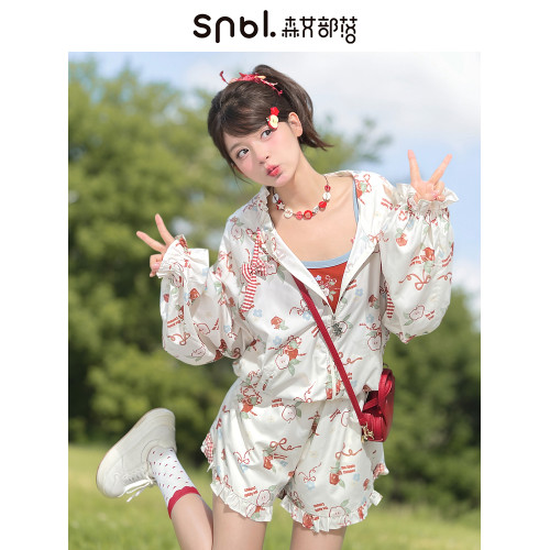森女部落甜美風蘋果滿印夏季新款薄款連帽外套upf50+時尚防曬服女