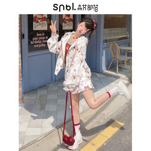 森女部落甜美風蘋果滿印夏季新款薄款連帽外套upf50+時尚防曬服女