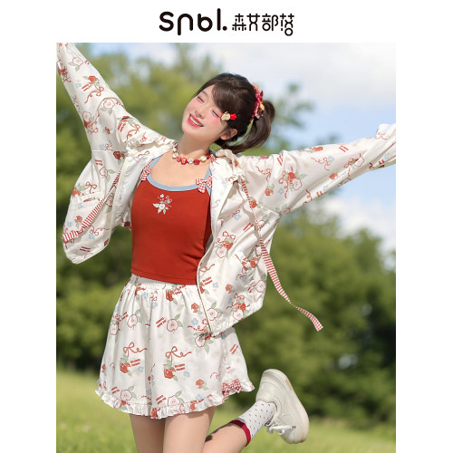 森女部落甜美風蘋果滿印夏季新款薄款連帽外套upf50+時尚防曬服女