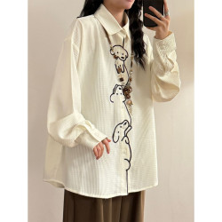 UATONLINE秋冬日系復古趣味小狗刺綉華夫格寬鬆休閒長袖襯衫上衣
