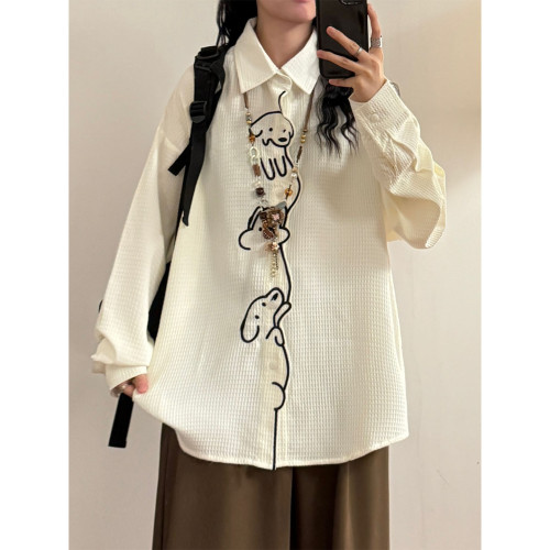 UATONLINE秋冬日系復古趣味小狗刺綉華夫格寬鬆休閒長袖襯衫上衣