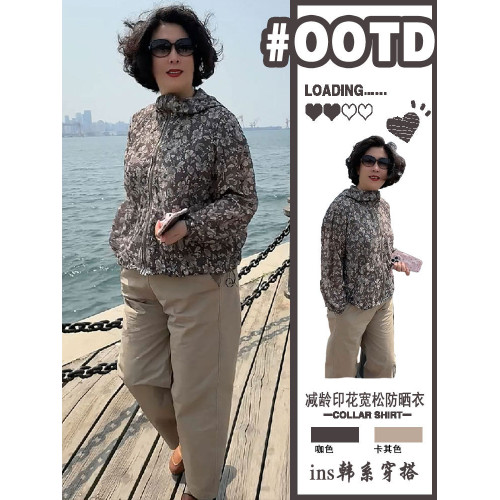 復古連帽防曬衣女2025新款夏季薄款印花防曬服媽媽裝短款防曬襯衫
