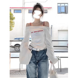 白色一字肩長袖襯衫女早秋季收腰顯瘦辣妹短款露肩上衣設計感小衆