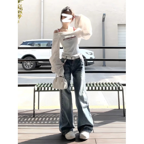 白色一字肩長袖襯衫女早秋季收腰顯瘦辣妹短款露肩上衣設計感小衆