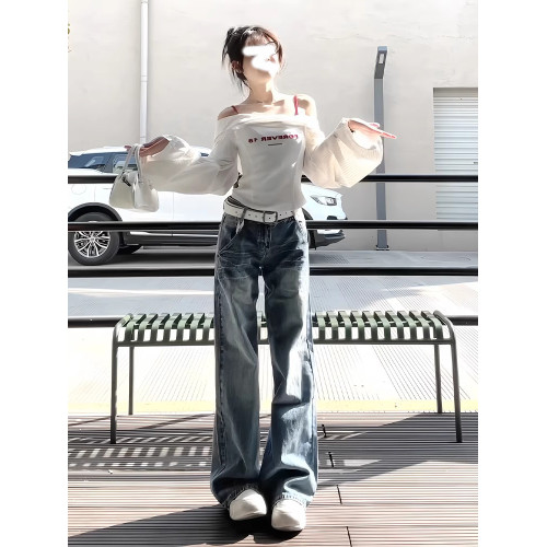 白色一字肩長袖襯衫女早秋季收腰顯瘦辣妹短款露肩上衣設計感小衆