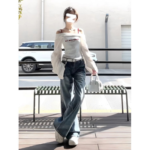 白色一字肩長袖襯衫女早秋季收腰顯瘦辣妹短款露肩上衣設計感小衆