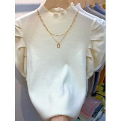 折釦女裝剪標泡泡袖半高領針織打底衫洋氣修身顯瘦內搭上衣潮