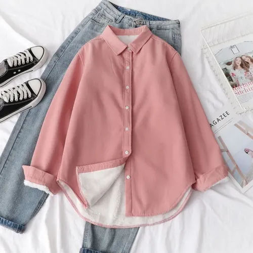 韓版加絨加厚襯衫上衣女秋冬季新款洋氣保暖百搭寬鬆外穿長袖小衫