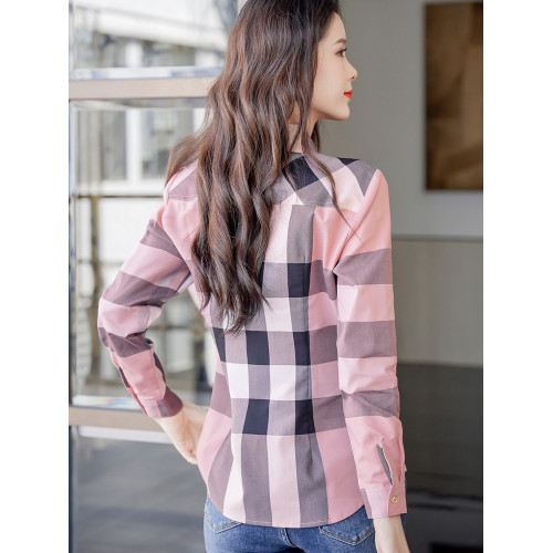 格子襯衫女長袖2025春秋新款修身棉襯衣經典上衣時尚復古打底衫潮