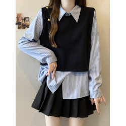 假兩件條紋針織拼接襯衫女2026春秋新款大碼胖mm洋氣遮肉小衫上衣