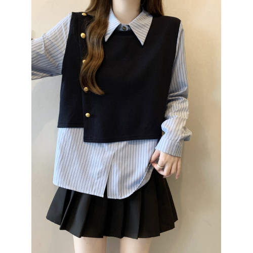 假兩件條紋針織拼接襯衫女2026春秋新款大碼胖mm洋氣遮肉小衫上衣