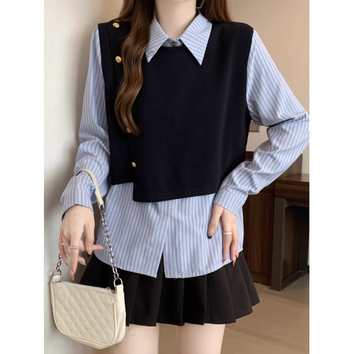 假兩件條紋針織拼接襯衫女2026春秋新款大碼胖mm洋氣遮肉小衫上衣