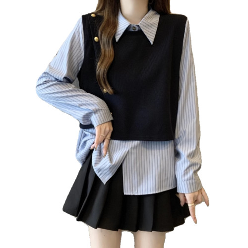 假兩件條紋針織拼接襯衫女2026春秋新款大碼胖mm洋氣遮肉小衫上衣