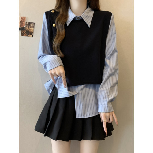 假兩件條紋針織拼接襯衫女2026春秋新款大碼胖mm洋氣遮肉小衫上衣