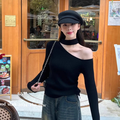 2025早春半高領露肩毛衣打底衫女設計感小衆修身內搭掛脖針織上衣
