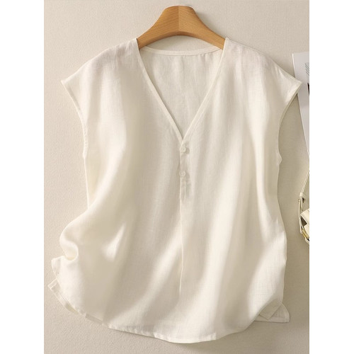 棉麻背心上衣夏季薄款休閒氣質v領襯衫寬鬆顯瘦無袖苧麻小衫女
