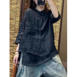 純色苧麻七分袖襯衫女士夏季輕薄透氣亞麻立領襯衣顯瘦不規則上衣