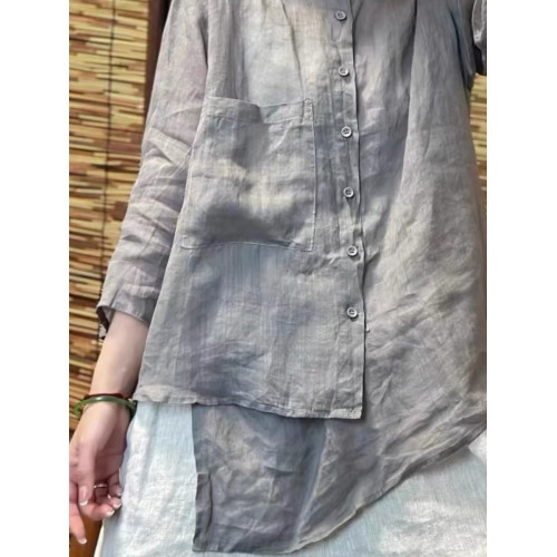 純色苧麻七分袖襯衫女士夏季輕薄透氣亞麻立領襯衣顯瘦不規則上衣