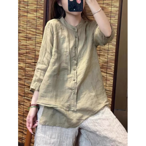 純色苧麻七分袖襯衫女士夏季輕薄透氣亞麻立領襯衣顯瘦不規則上衣