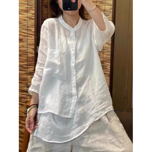 純色苧麻七分袖襯衫女士夏季輕薄透氣亞麻立領襯衣顯瘦不規則上衣