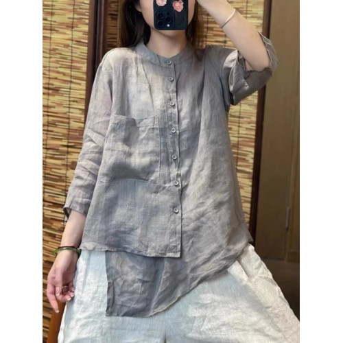 純色苧麻七分袖襯衫女士夏季輕薄透氣亞麻立領襯衣顯瘦不規則上衣