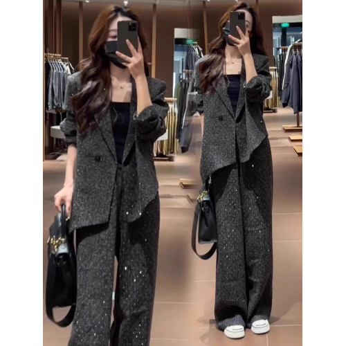 爆款推薦~時尚套裝女2025春秋新款洋氣顯瘦西服外套濶腿褲兩件套