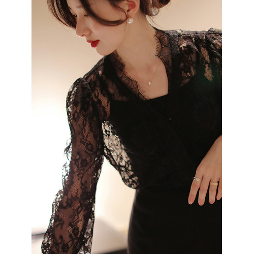 法式v領打底蕾絲衫女2025秋冬洋氣網紗長袖襯衫鏤空性感內搭上衣