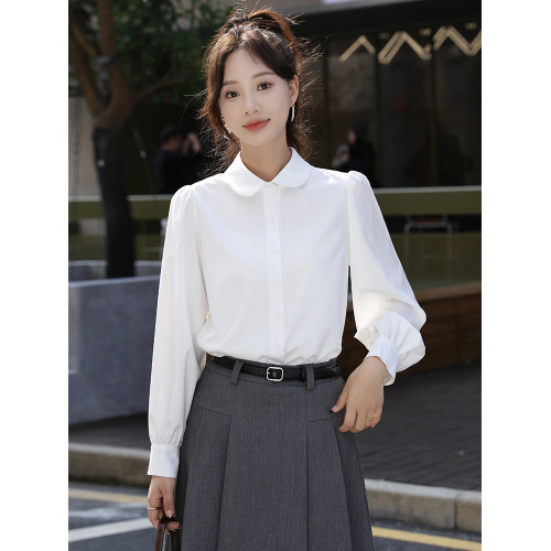 小個子高級感寬鬆顯瘦遮肚子娃娃領法式燈籠袖免燙長袖白色襯衫女