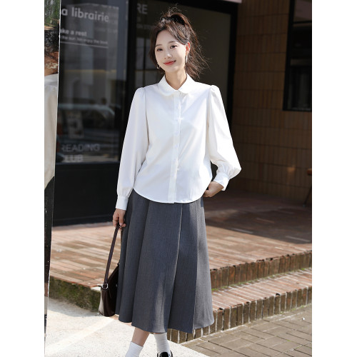 小個子高級感寬鬆顯瘦遮肚子娃娃領法式燈籠袖免燙長袖白色襯衫女