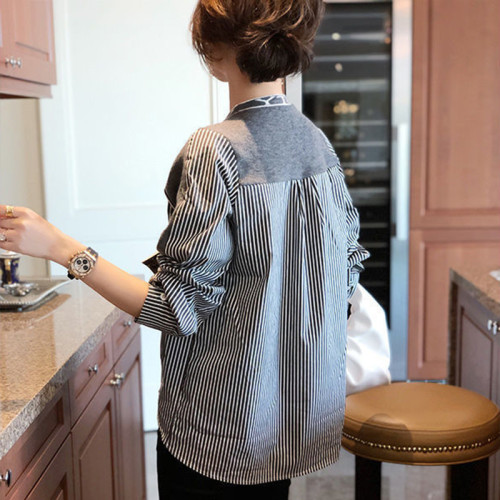 條紋襯衫女2026春秋新款胖妹妹設計感小衆假兩件v領法式上衣襯衣