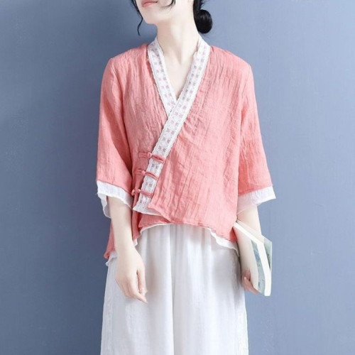 民國風蕾絲斜襟盤釦系帶V領七分袖襯衫女夏季上衣假兩件復古茶服