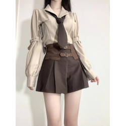 春夏季棕色系襯衫新款學院風設計感西裝領工字褶套裝女短褲兩件套