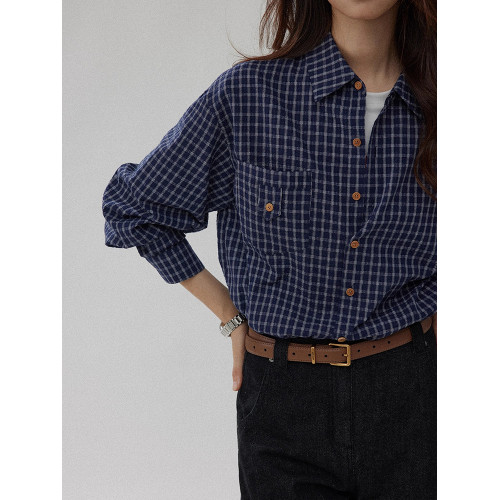 美式復古經典格紋襯衫女2025春季新款休閒寬鬆百搭高級感格子襯衣