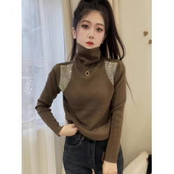 今年流行高領正肩閃鑽長袖t恤女2025秋冬新款修身顯瘦時尚打底衫