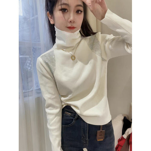 今年流行高領正肩閃鑽長袖t恤女2025秋冬新款修身顯瘦時尚打底衫
