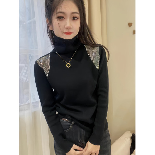 今年流行高領正肩閃鑽長袖t恤女2025秋冬新款修身顯瘦時尚打底衫