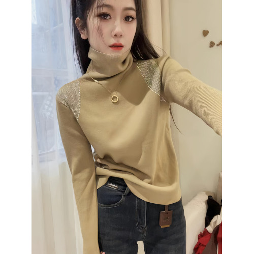 今年流行高領正肩閃鑽長袖t恤女2025秋冬新款修身顯瘦時尚打底衫