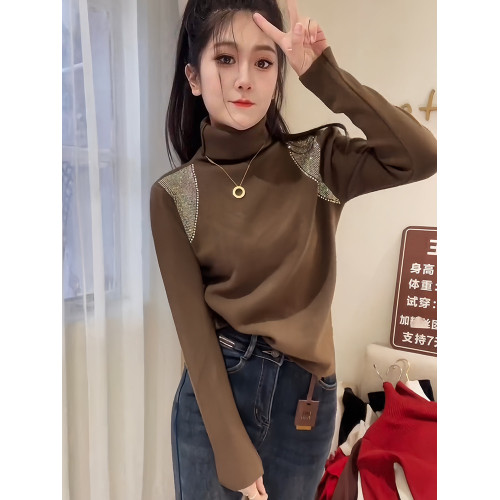今年流行高領正肩閃鑽長袖t恤女2025秋冬新款修身顯瘦時尚打底衫