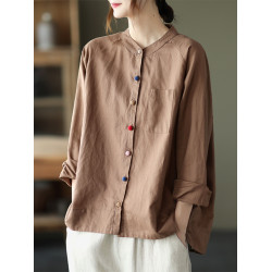 氣質繙領棉麻襯衫女早秋新款寬鬆大碼胖妹妹減齡彩釦亞麻開衫上衣