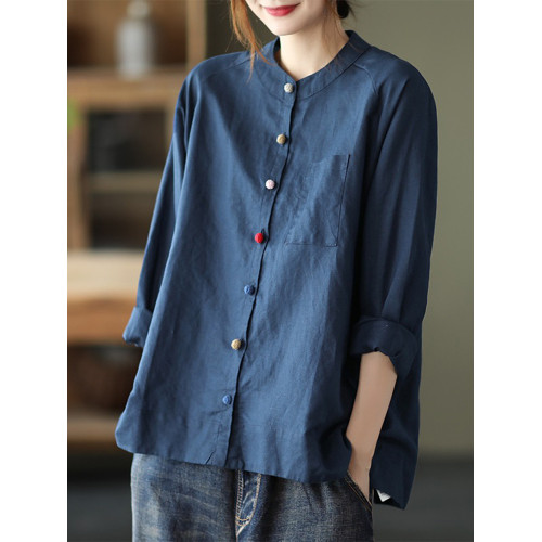 氣質繙領棉麻襯衫女早秋新款寬鬆大碼胖妹妹減齡彩釦亞麻開衫上衣