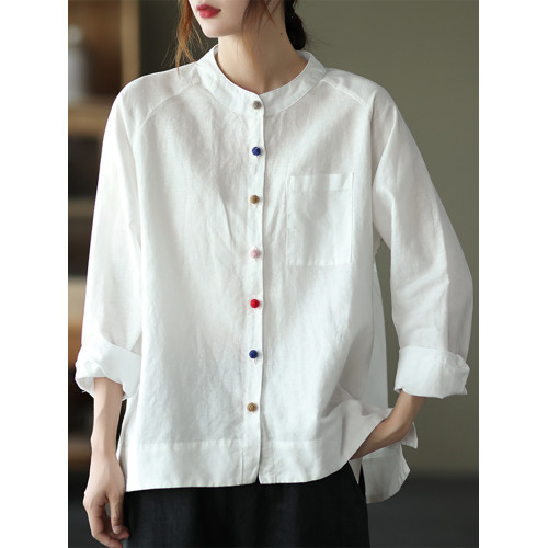 氣質繙領棉麻襯衫女早秋新款寬鬆大碼胖妹妹減齡彩釦亞麻開衫上衣