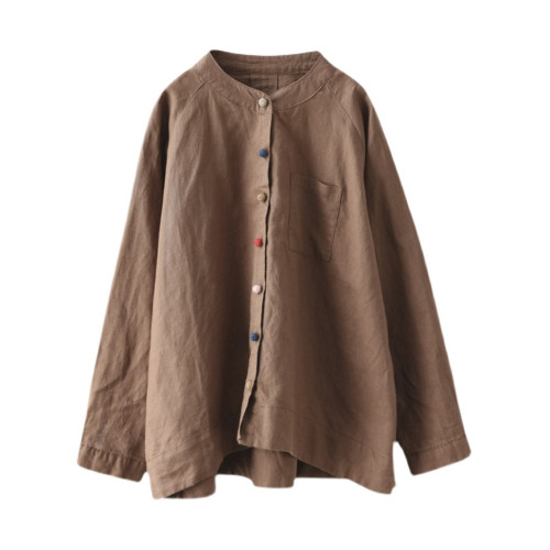 氣質繙領棉麻襯衫女早秋新款寬鬆大碼胖妹妹減齡彩釦亞麻開衫上衣