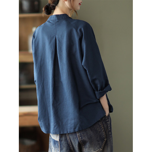 氣質繙領棉麻襯衫女早秋新款寬鬆大碼胖妹妹減齡彩釦亞麻開衫上衣