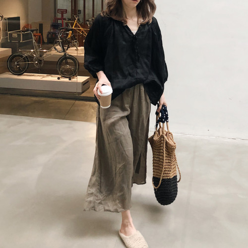 2025春夏新女 日系復古大碼棉麻亞麻苧麻寬鬆顯瘦套頭燈籠袖襯衫