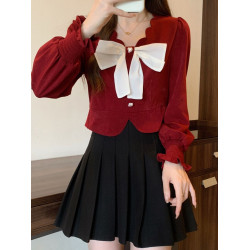 法式小香風時尚短款上衣秋季新款高級設計感氣質修身蝴蝶結襯衫潮