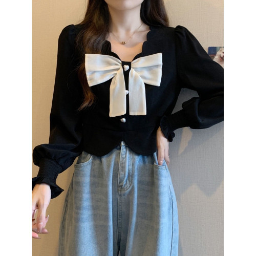 法式小香風時尚短款上衣秋季新款高級設計感氣質修身蝴蝶結襯衫潮